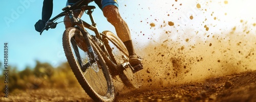 A cyclist rides through a dusty trail, kicking up dirt as they pedal energetically in a vibrant outdoor setting.