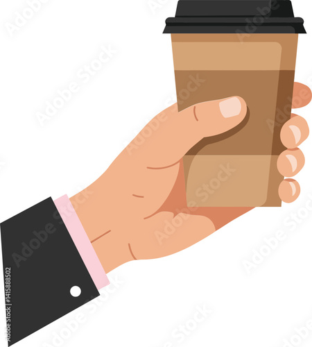 Hand holding disposable coffee cup with black lid in flat minimal design style vector illustration