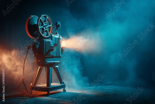 Classic Film Projector Casts Enchanting Glow in Dimly Lit Room During a Nosta...