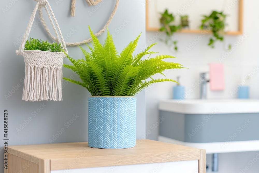 Modern bathroom decor with potted fern and woven hanging planter