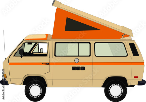 Retro Camper van with orange roof tent 