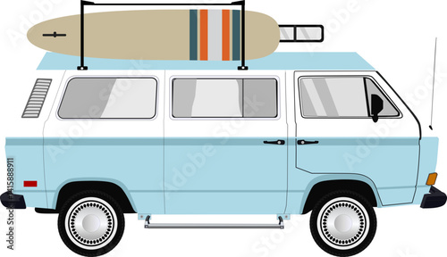 Retro camper van life with surfboard