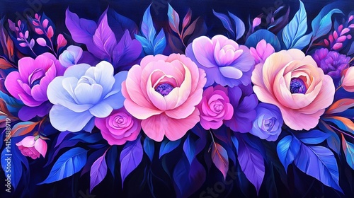 Vibrant floral arrangement with colorful blooms and leaves on dark background