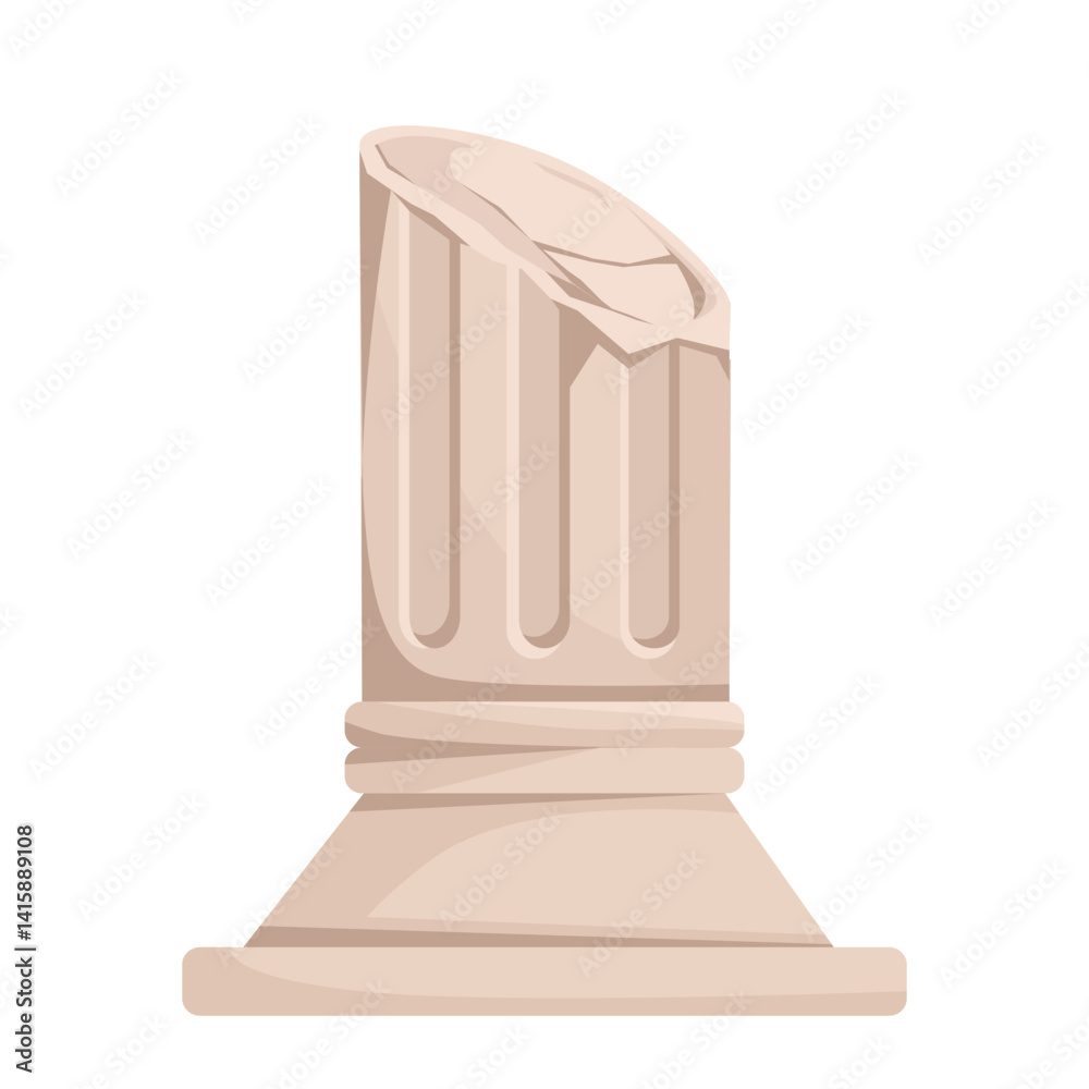 Damaged ancient stone column with fluted design, flat graphic style on white background. Concept of historic ruins or ancient architecture. Vector illustration Damaged ancient stone column with fluted design, flat graphic style on white background. Concept of historic ruins or ancient architecture. Vector illustration