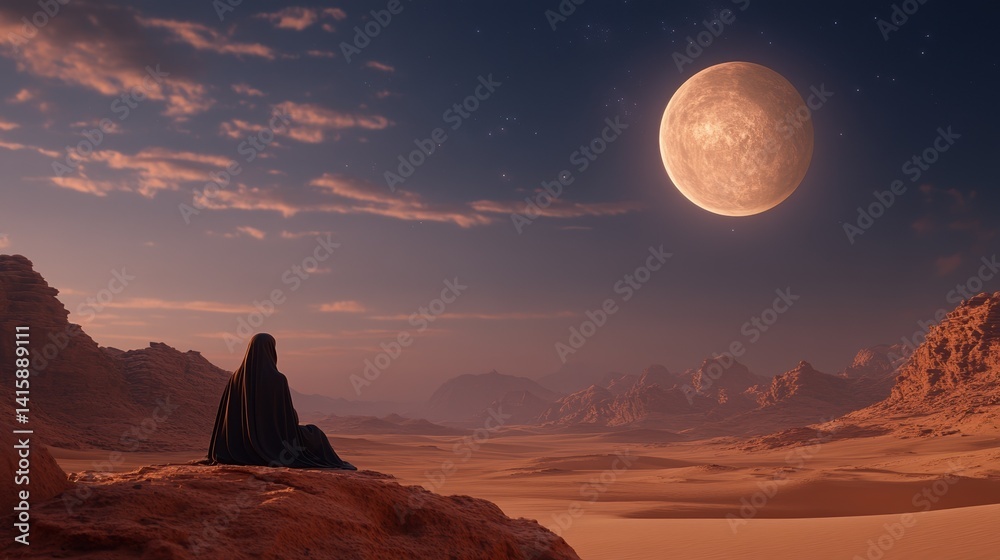 Solitary figure in desert at night with full moon and mountainous terrain