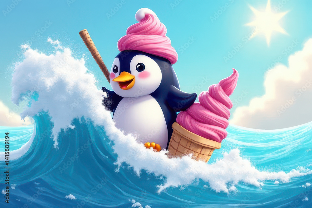 Naklejka premium Cute Penguin Cartoon Riding Ice Cream Wave: Colorful Kids Book Illustration of Magical Dessert Ocean Scene