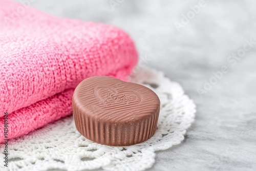 Obraz na płótnie Heart-shaped chocolate with embossed design on lace doily beside soft pink towel w salonie