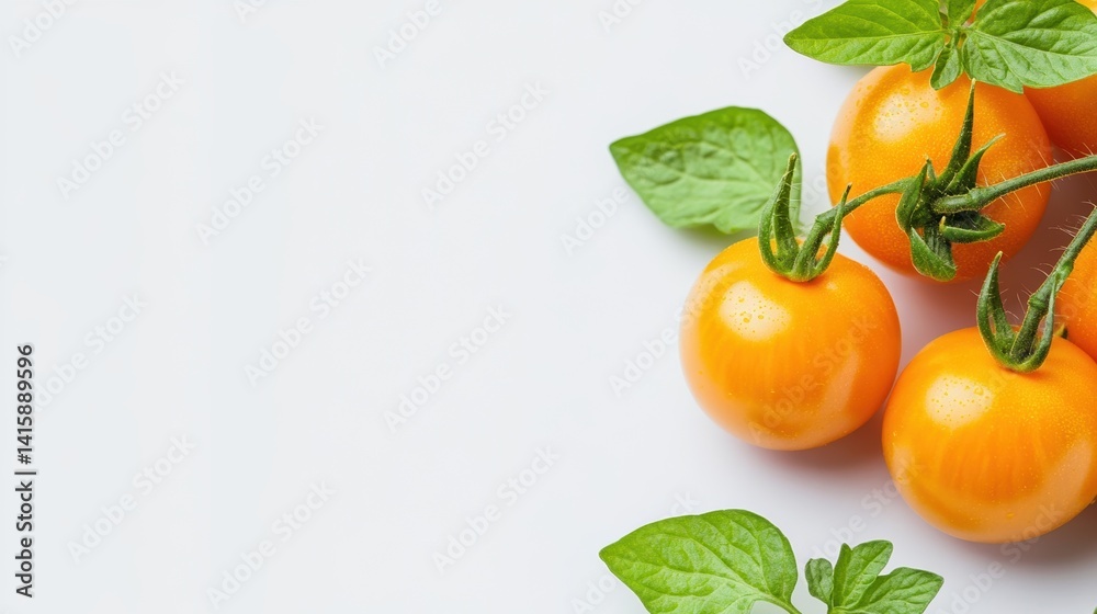Vibrant yellow cherry tomatoes with fresh green leaves on white background