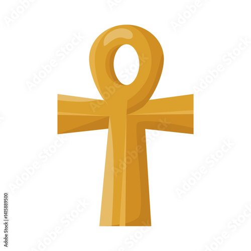 Golden ankh symbol in cartoon style, shiny and bold, centered on white background. Concept of ancient Egypt and eternal life. Vector illustration