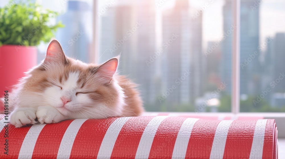 Peaceful cat sleeping on red striped cushion in bright urban apartment