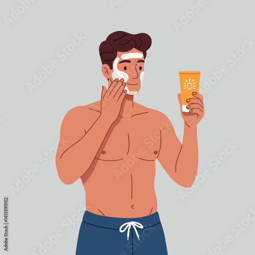 Shirtless man applying sunscreen lotion on face with blue shorts in flat style vector illustration