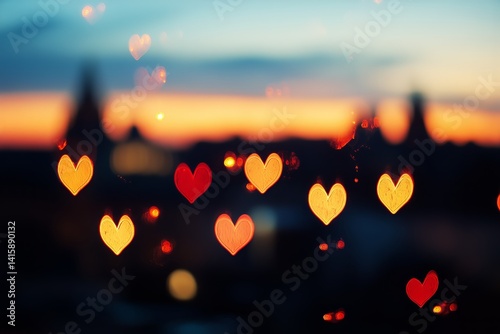 Colorful Heart Shapes Create a Dreamy Atmosphere at Sunset in a Vibrant Urban...