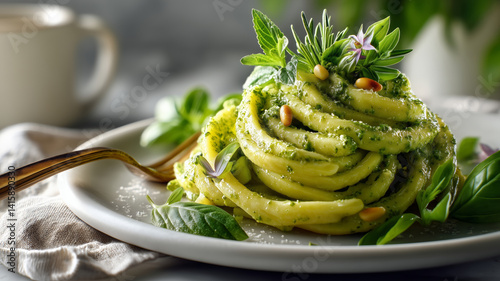 Ligurian trofie pasta dressed in rich Genoese pesto with fresh basil