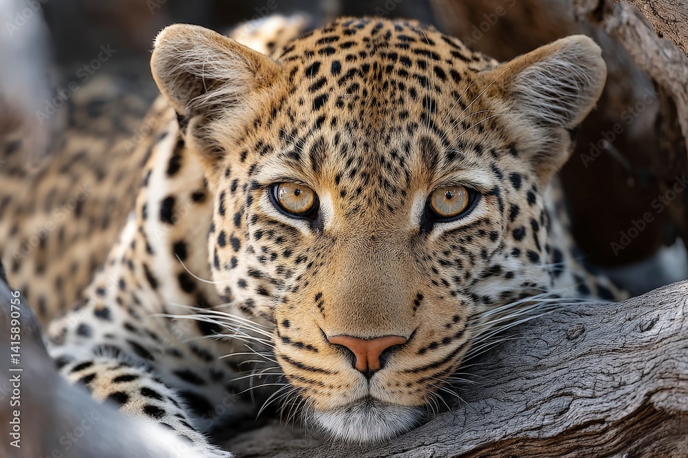 Naklejka premium A close-up of a leopard resting, showcasing its striking fur pattern and intense gaze.