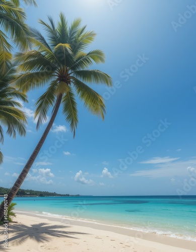Tranquil beach with palm trees and crystal clear waters under bright sunny sky and soft ocean breeze Generative AI