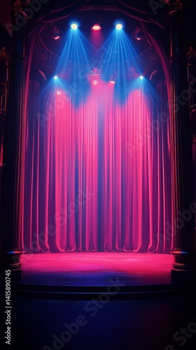 Stage Ready for Performance With Vibrant Curtains and Colorful Lighting at a ...