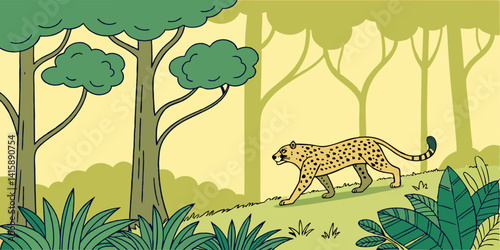 Vector cartoon tropical jungle rainforest background with walking jaguar tiger