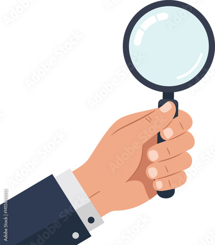 Human hand holding magnifying glass with black handle in flat minimal style vector illustration