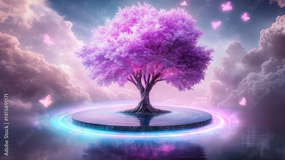 Enchanted pink tree on floating island with glowing butterflies and ethereal clouds