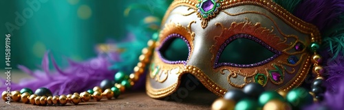 Mardi Gras mask with colorful beads, feathers. Carnival holiday celebration symbol, festive party decoration. Luxurious Venetian masquerade ball event element. Season holiday, carnival, masquerade, photo