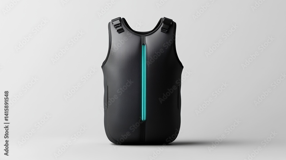 Futuristic black backpack with led strip on minimalist background