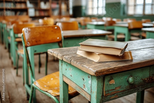 Classroom Setting With Old Desks and Books in a Vintage School Environment Du...