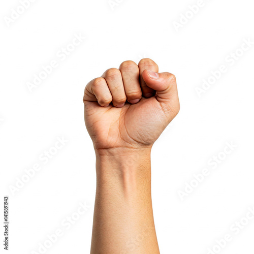 Arm raised with clenched fist on white background. photo