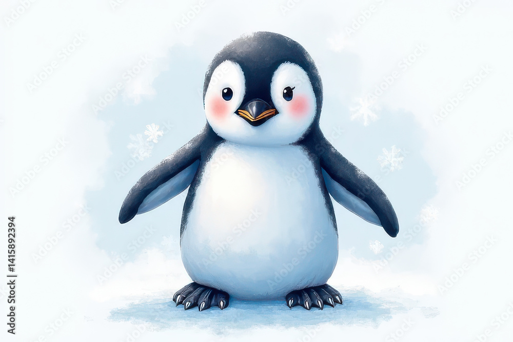 Fototapeta premium Gentle Watercolor Penguin with Abstract Snowflakes, Pastel Colors, Soft Textures, Dreamy Close-Up Scene, High-Detail Midjourney Art