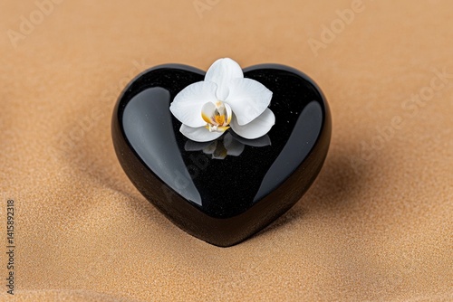 Obraz na płótnie Black heart with white orchid on sand: elegance and serenity in nature w salonie