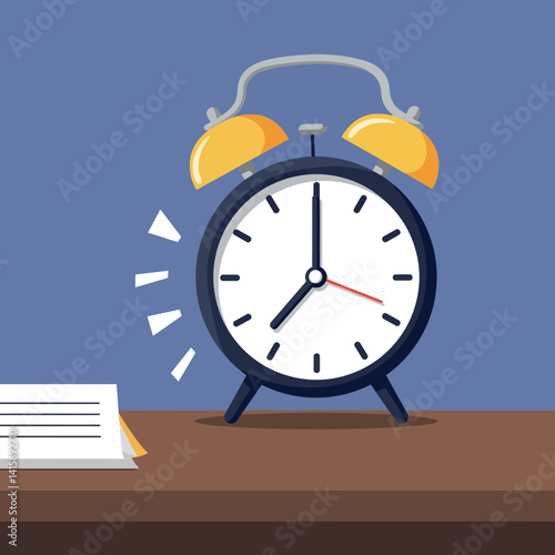 Classic round alarm clock with yellow bells ringing on wooden surface in flat design style vector illustration