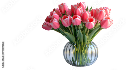 Wallpaper Mural Clear glass vase holding pink tulips in bloom, vivid stems and petals, white background Torontodigital.ca