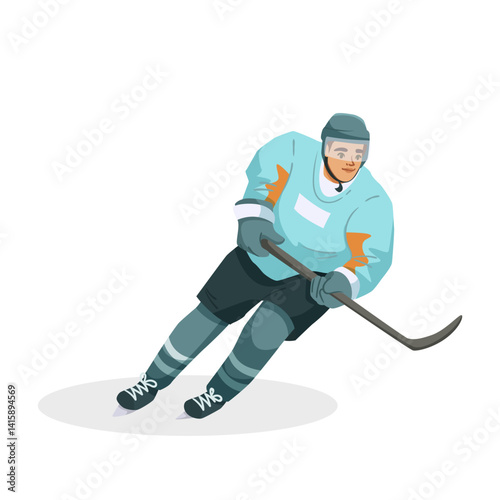 Ice hockey player skating with stick in action pose, flat cartoon style on white background. Concept of winter sports athlete. Vector illustration