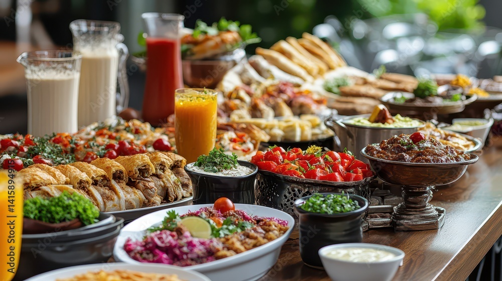 A wide view of a beautifully arranged Iftar spread on a long table, with a variety of dishes such as shawarma, baklava, and refreshing drinks, in a festive setting A wide view of a beautifully arranged Iftar spread on a long table, with a variety of dishes such as shawarma, baklava, and refreshing drinks, in a festive setting