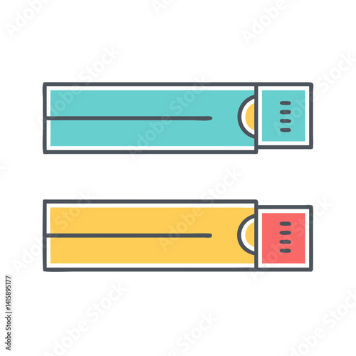 Two abstract representations of rectangular objects with sliding sections and circular elements
