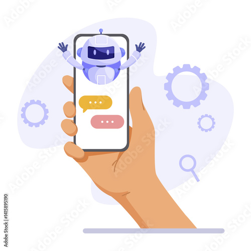 Cartoon-style robot chatbot emerging from smartphone screen held by a hand, with message bubbles and gear icons on light abstract background. Vector illustration