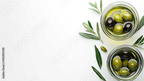   A few jars containing olives sit beside a single olive sprig on a white background