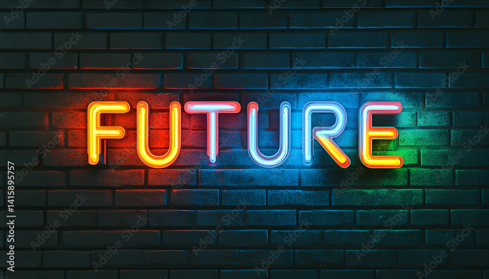 Fototapeta premium Colorful glowing neon text FUTURE on dark brick wall