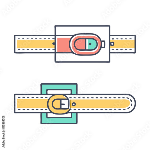 Two stylized belts with different buckles and colorful design elements