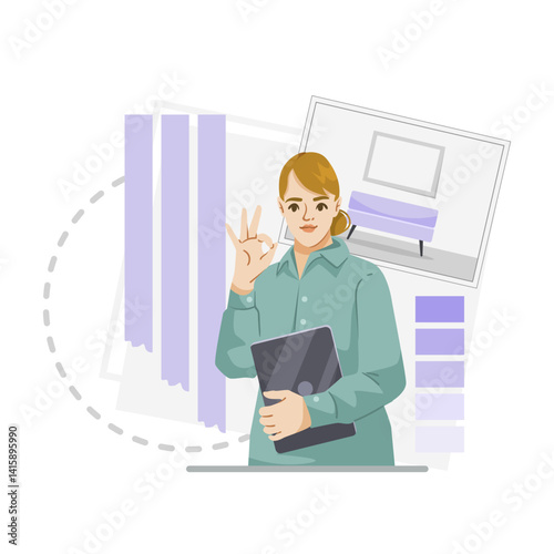 Female interior designer holding tablet and showing OK sign, with curtain samples, room layout, and color swatches on white background. Concept of home decor planning. Vector illustration