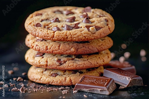 Chocolate Chip Cookies Stacked With Chocolate Squares on Dark Background at a...