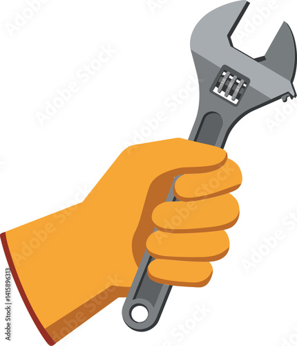 Hand gripping adjustable wrench tool in flat style with yellow glove showing repair and maintenance concept vector illustration