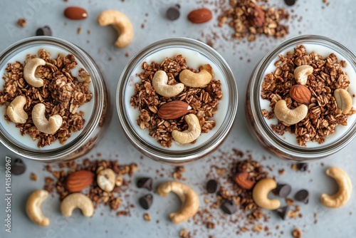 Healthy Dessert Bowls With Yogurt, Granola, and Nuts Arranged for a Vibrant P...