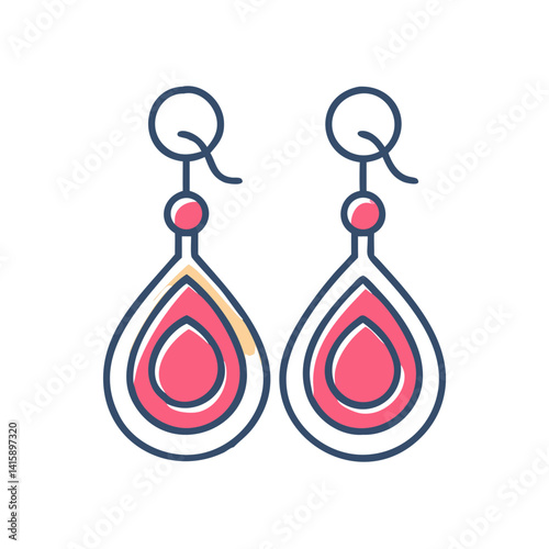 Pair of stylized teardrop earrings with circular hooks and pink accents