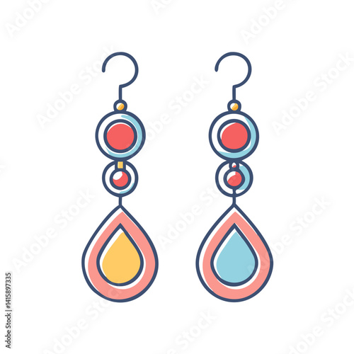A pair of modern and colorful stylized earrings with tear drop shapes