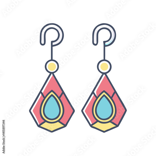 Pair of Decorative Earrings with Geometric Design and Teardrop Jewel