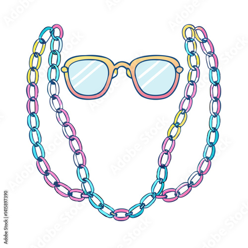Cartoon Drawing of Sunglasses with Colorful Chains Hanging Around Them