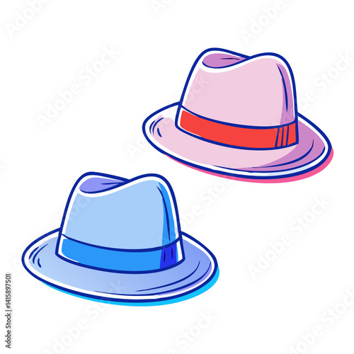 Two colorful cartoon hats, one pink with a red band and one blue