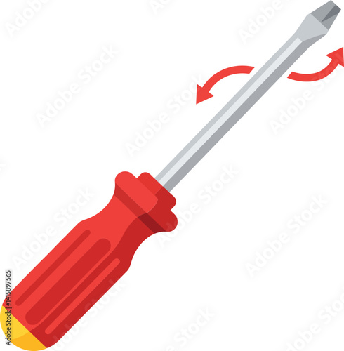 Red handled flathead screwdriver with metallic shaft showing twisting motion minimal flat vector illustration