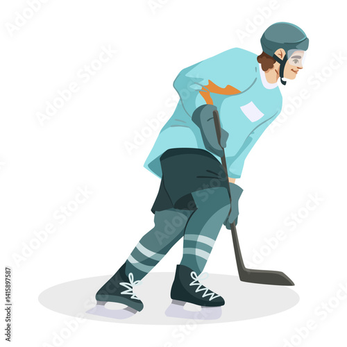 Male ice hockey player in teal uniform and helmet holding a hockey stick, flat graphic style, on white background. Concept of sport action. Vector illustration