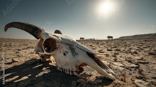 Desert landscape featuring a cow skull with a sunlit horizon in the background.